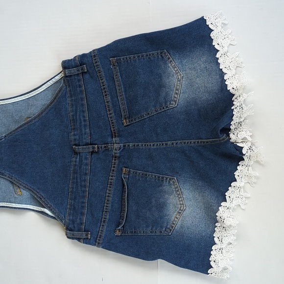 Distressed Embroidered Floral Jean Short Overalls M Blue Y2K Shortalls - Picture 11 of 14